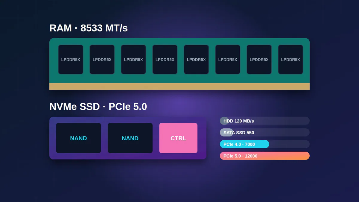 رم LPDDR5X و حافظه SSD NVMe نسل پنجم PCIe 5.0 در لپتاپهای جدید