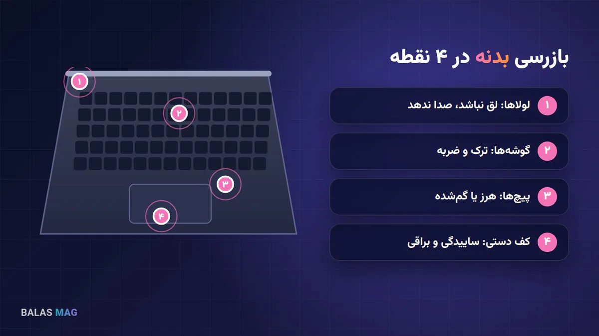 بازرسی بدنه، لولا، پیچ‌ها و کف دستی لپ‌تاپ استوک